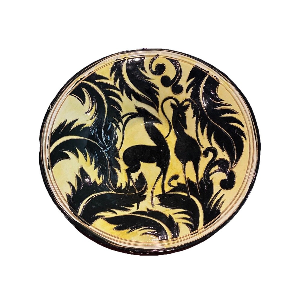 Vintage Vallauris France 13" Bowl 1950s Hand Painted Black Yellow Deer Gazelle
